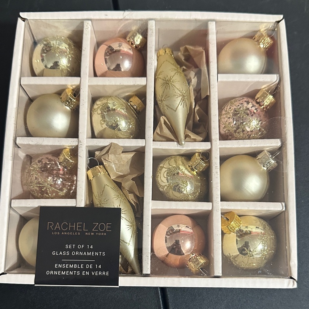 Rachel Zoe set of 14 rose gold and gold glass ornaments